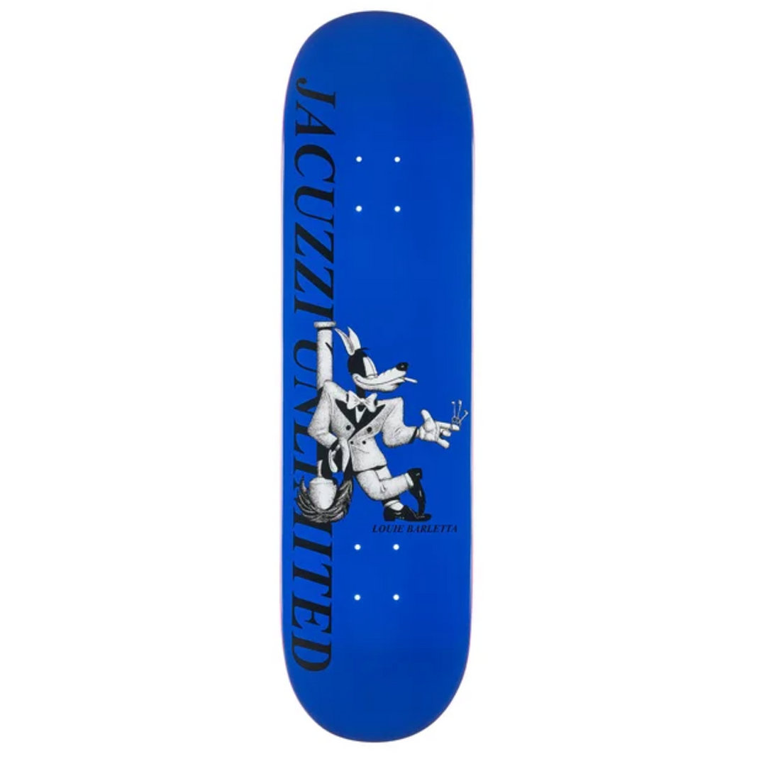 Blue skateboard deck with a graphic design and text on a white background