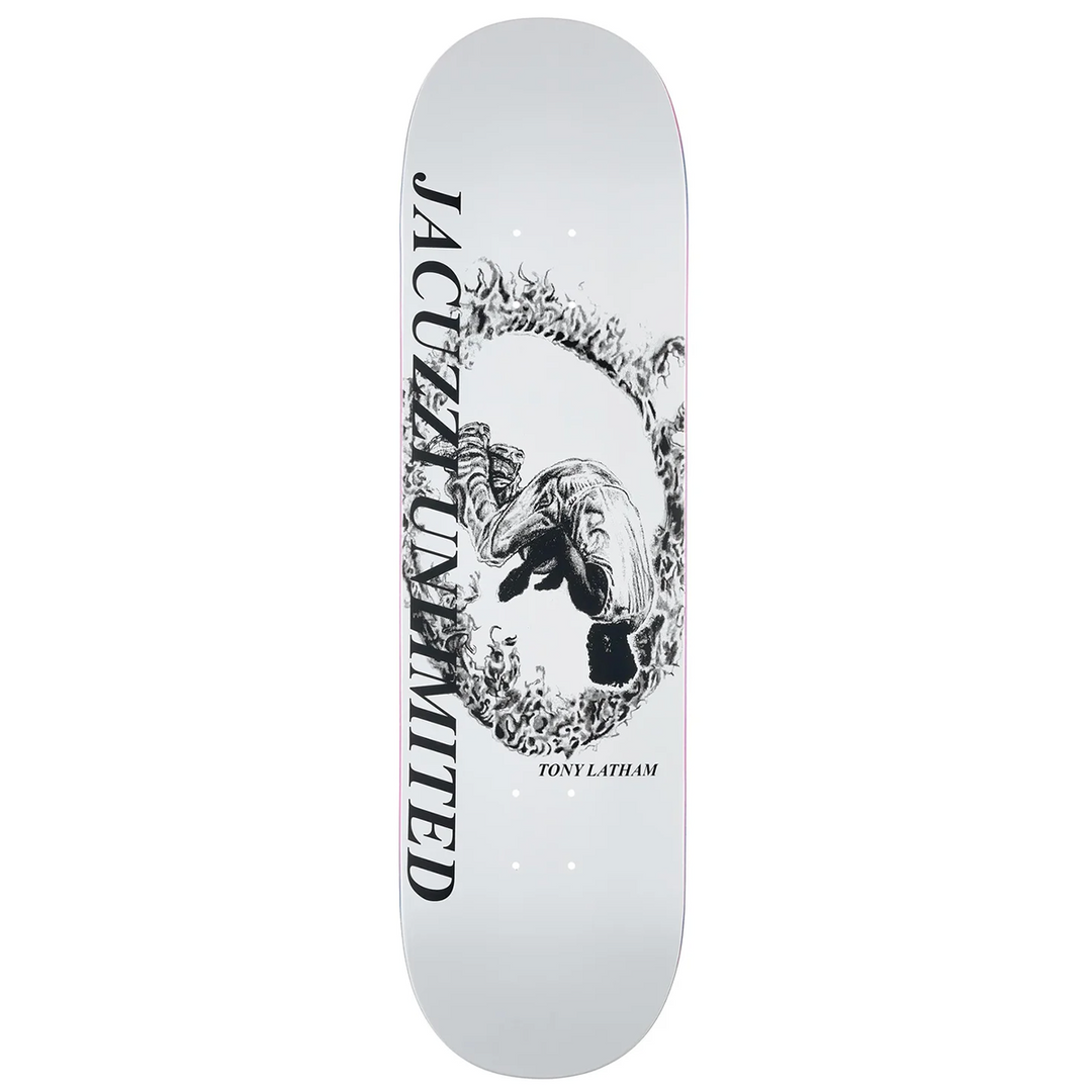 Skateboard deck with black and white design and 'Jacuza Unlimited' branding on a white background