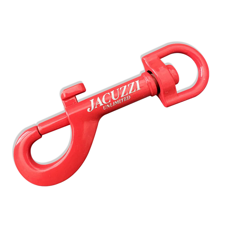Red metal hook with 'Jacuzzi Unlimited' branding on a white background