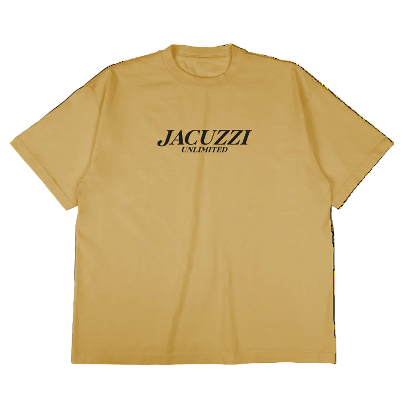 Beige t-shirt with 'Jacuzzi Unlimited' text on a white background