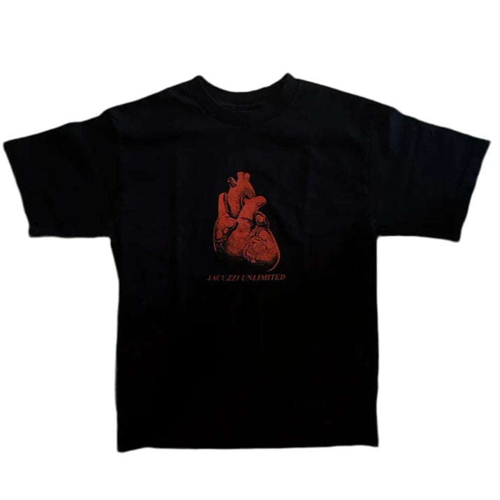 Black t-shirt with red heart design and text on a white background