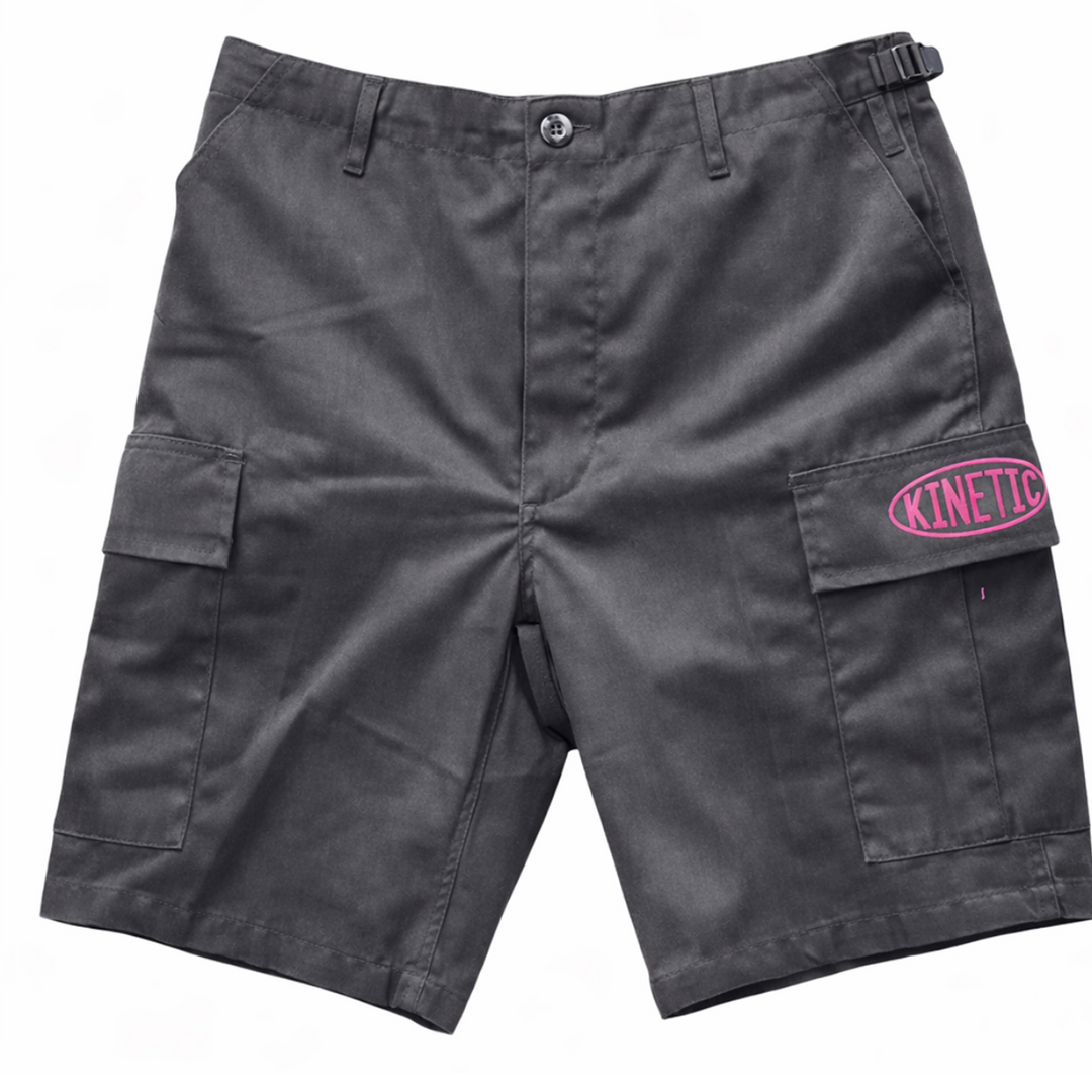 Gray cargo shorts with a pink kinetic logo 