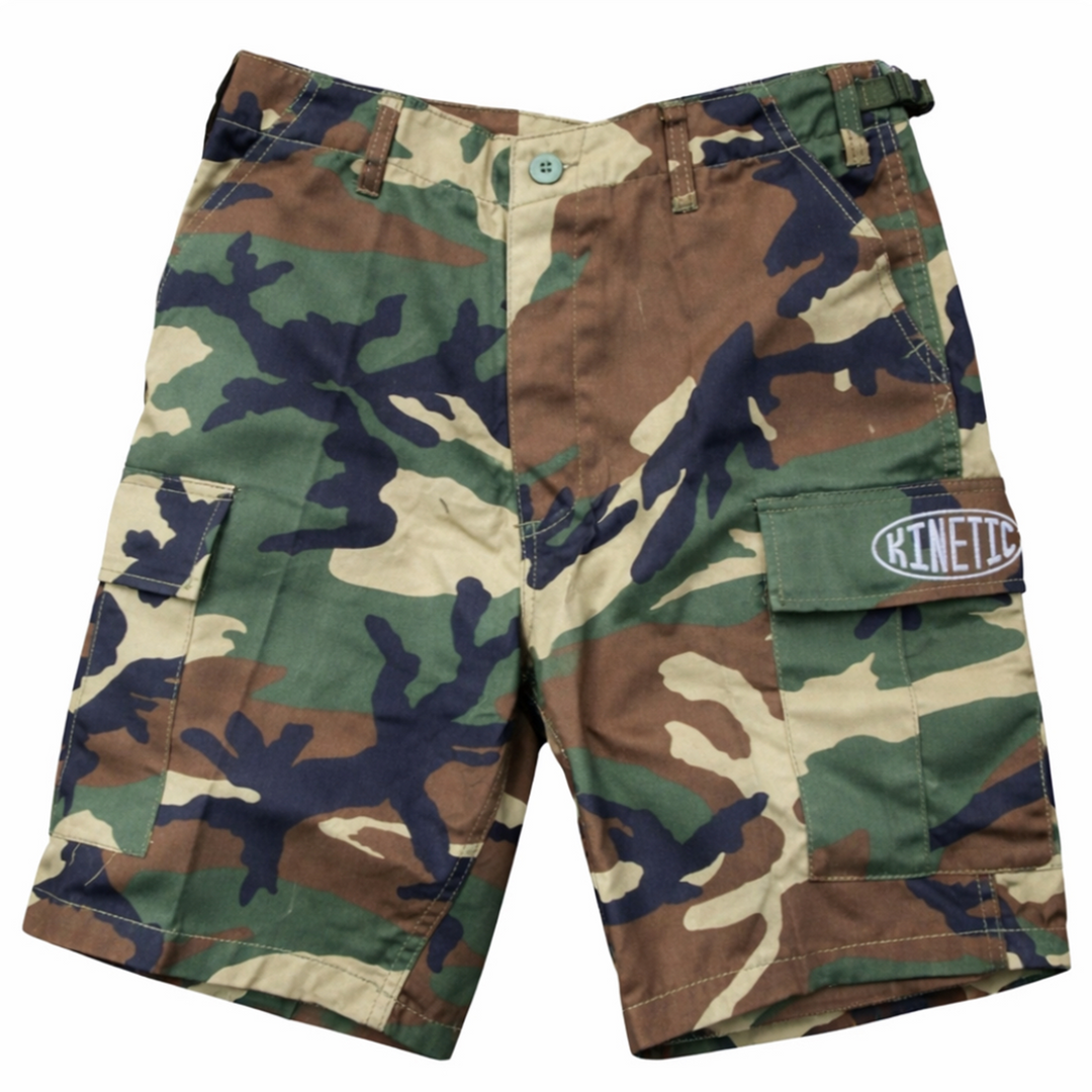 Camouflage cargo shorts with a visible kinetic brand logo 