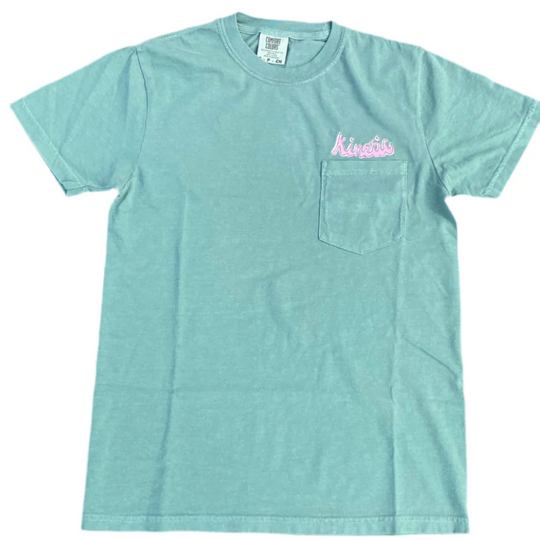 Light green t-shirt with pink text on a white background