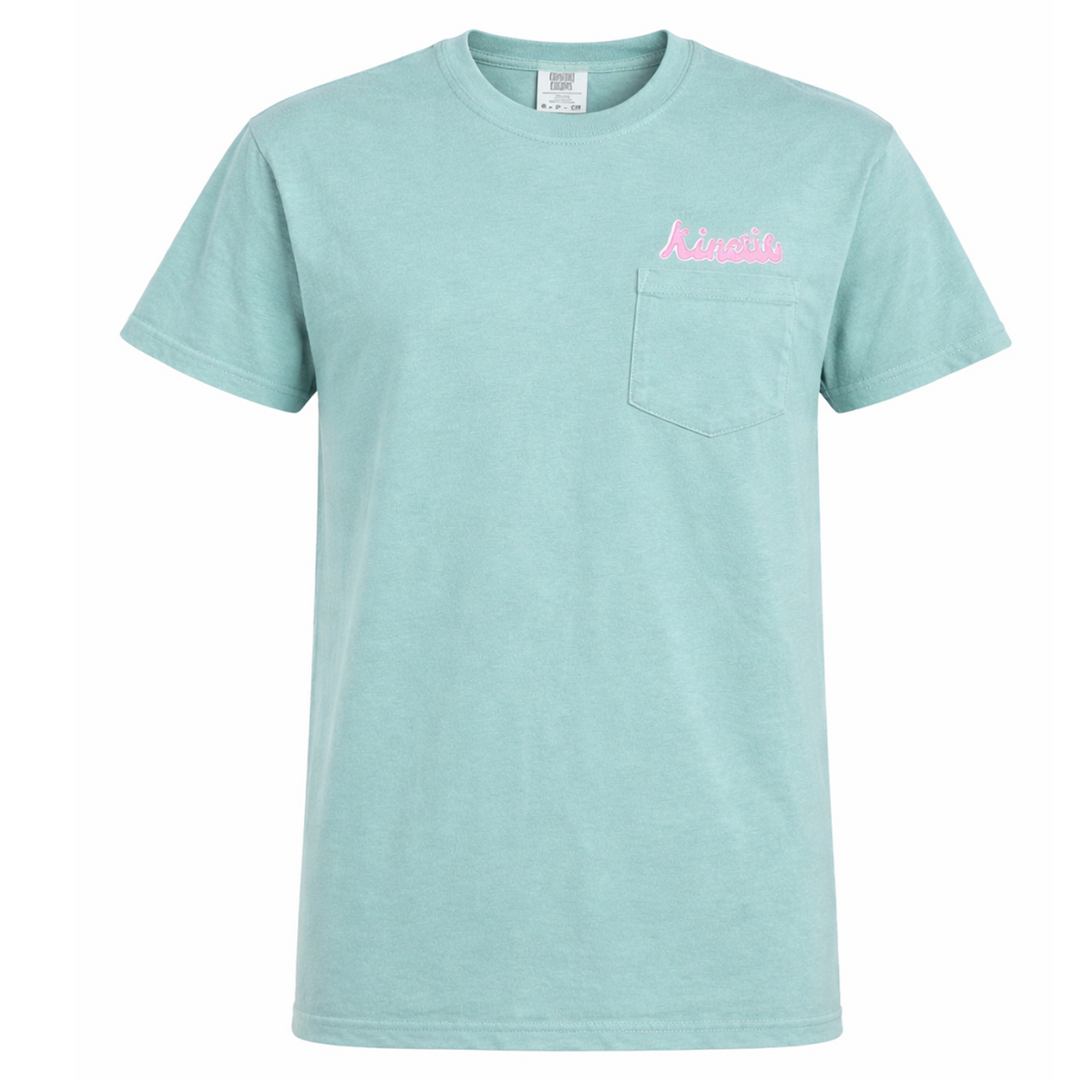Light green t-shirt with a pink logo 