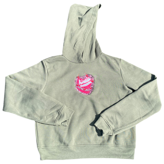 military green hoodie with a pink graphic 