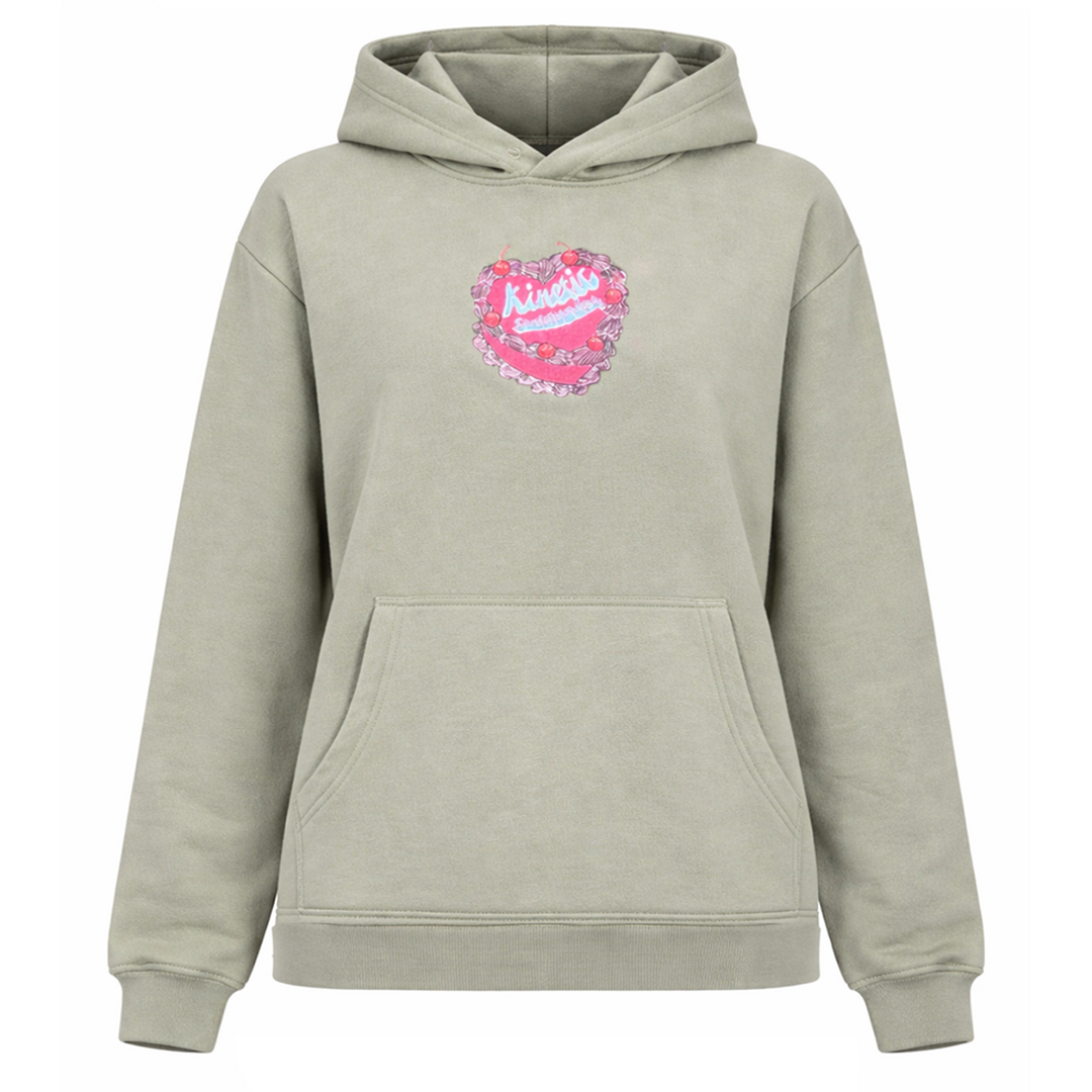 military green hoodie with pink sequin heart design