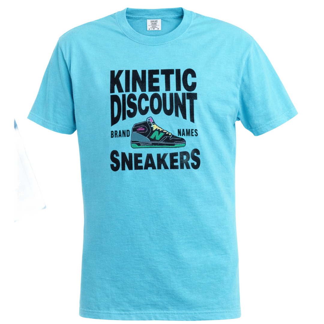 Light blue t-shirt with kinetic black text and sneaker graphic 