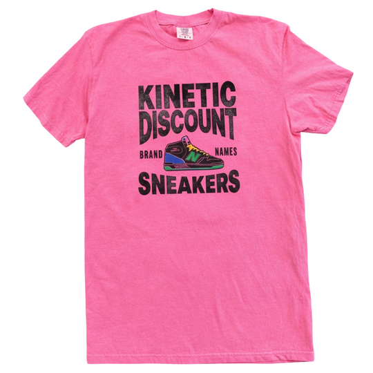 Pink t-shirt with black kinetic text and colorful sneaker graphic 