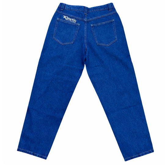 Deep Blue jeans with 'Kinetic' branding on the back pocket 
