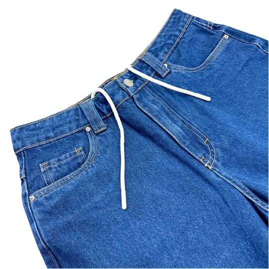 Deep Blue jeans with a white drawstring 