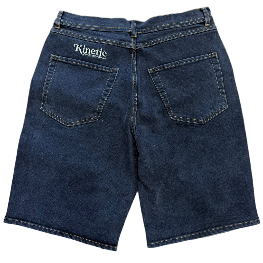 Blue denim shorts with 'Kinetic' branding 