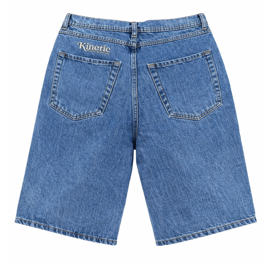 Blue denim shorts with 'Kinetic' branding 