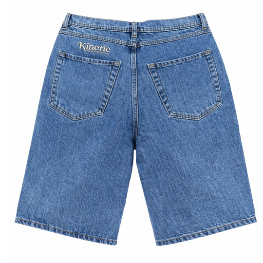 Blue denim shorts with 'Kinetic' branding 