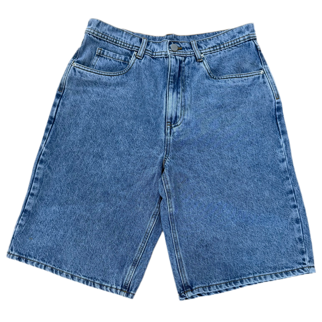 Blue denim shorts front view