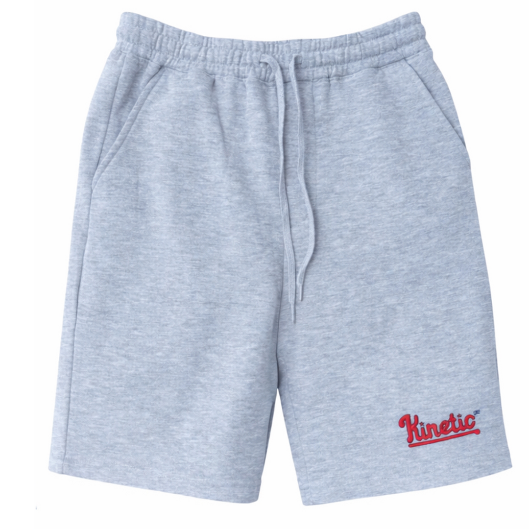 Gray sweat shorts with a red kinetic phillies logo 
