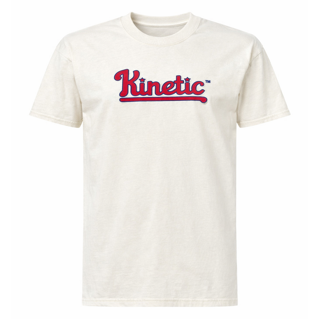 White t-shirt with 'Kinetic' phillies logo in red 