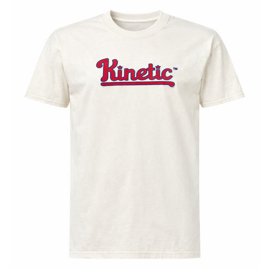 White t-shirt with 'Kinetic' phillies logo in red 