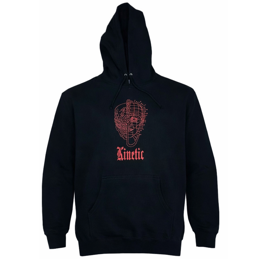 Black hoodie with red heckraiser graphic design and 'Kinetic' text 
