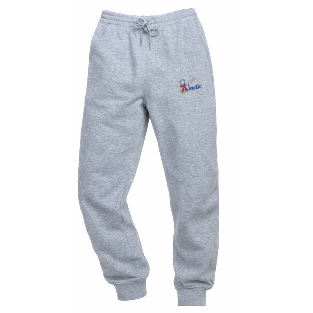 Gray sweatpants with a kinetic sixers logo 