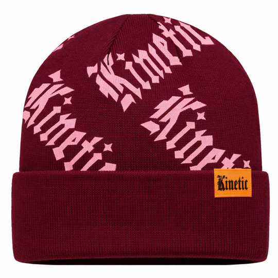 Maroon beanie with pink 'Kinetic' logo