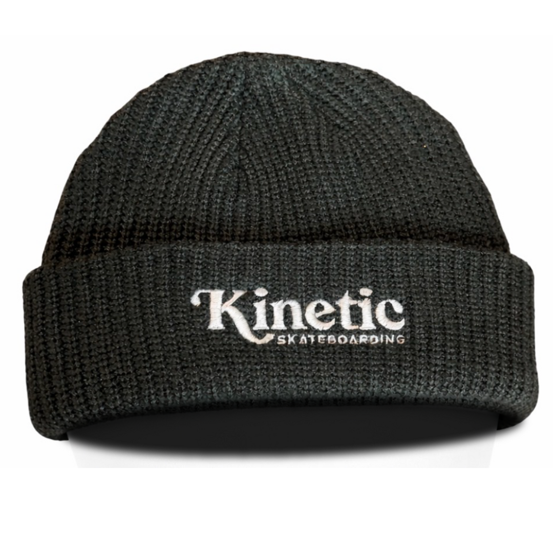 Black beanie with 'Kinetic Skateboarding' logo 