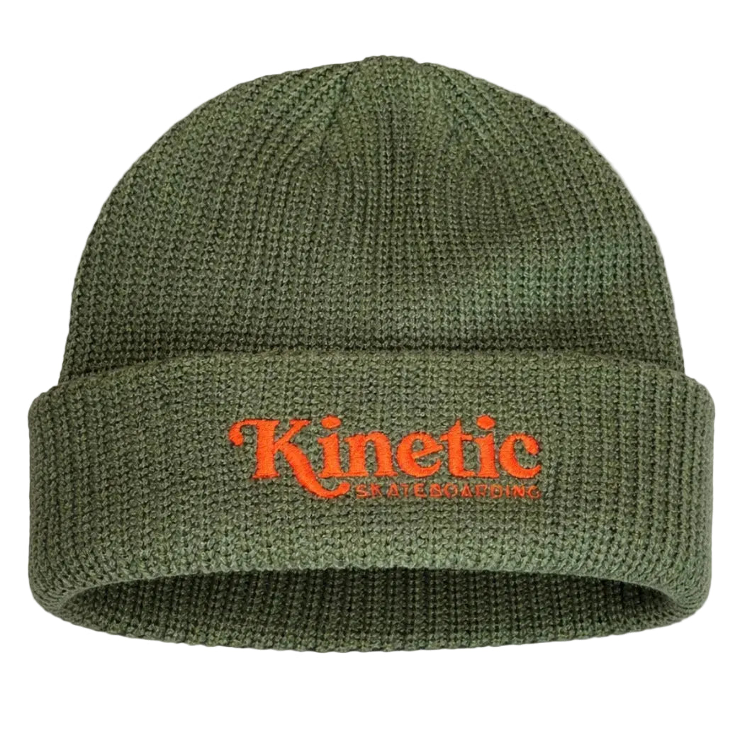Green knit beanie with 'Kinetic' logo 