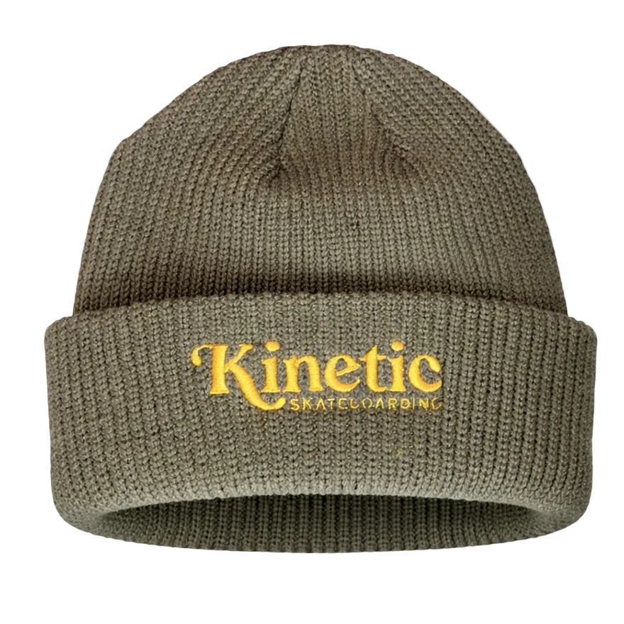 Green beanie with 'Kinetic Skateboarding' logo on a white background