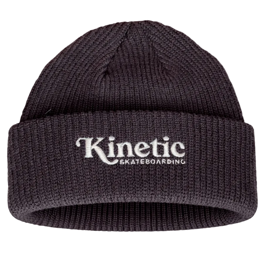 purple beanie with 'Kinetic Skateboarding' logo 