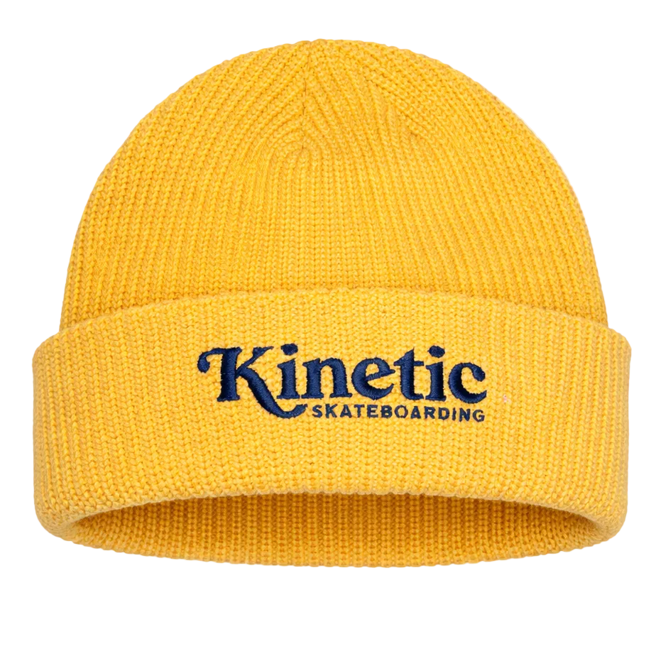 Yellow beanie with 'Kinetic Skateboarding' logo 