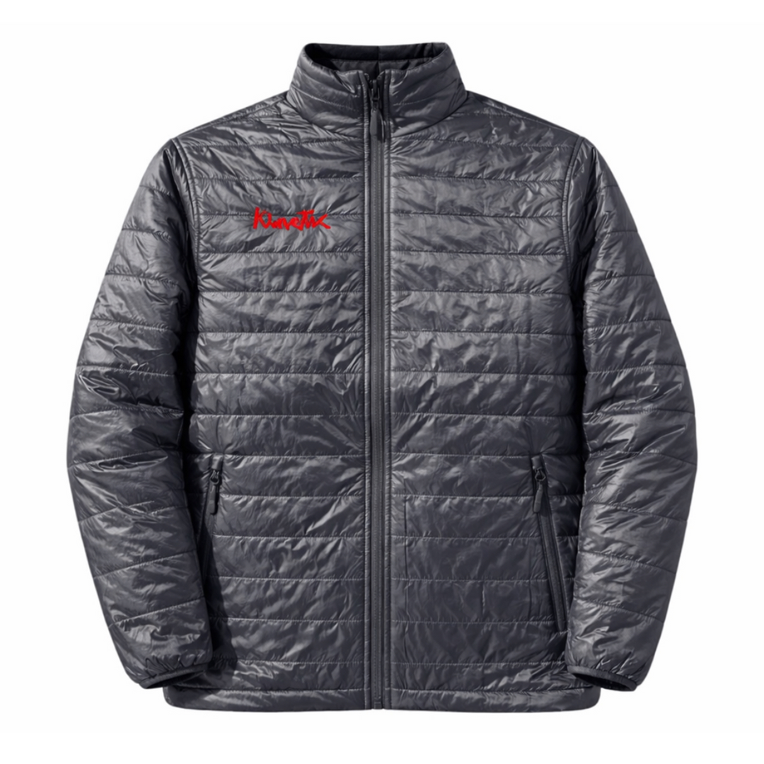 Gray quilted jacket with a red kinetic logo 