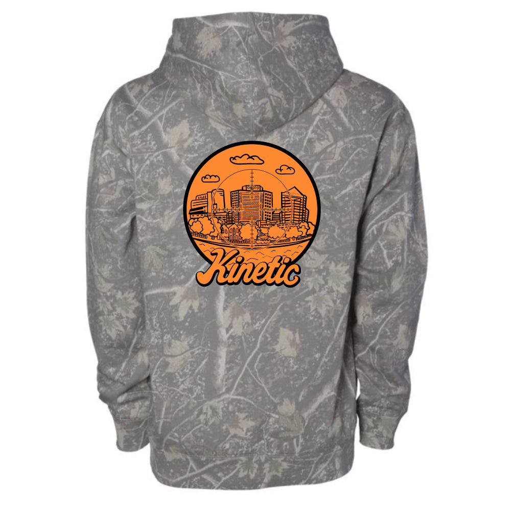 Gray hoodie with orange 'Kinetic Spot Hunter' logo on back
