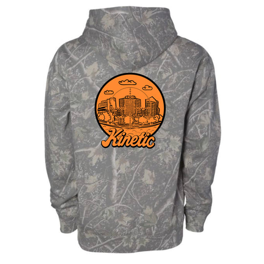 Gray hoodie with orange 'Kinetic Spot Hunter' logo on back