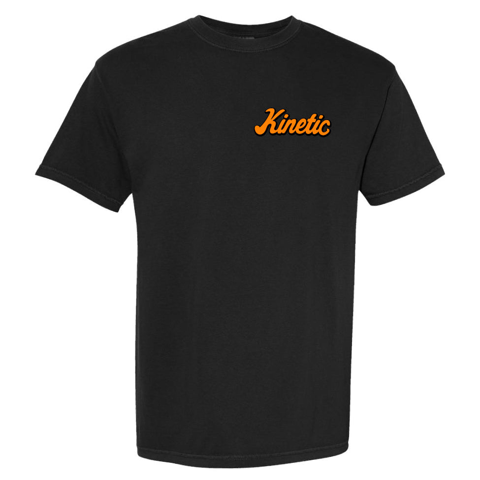 Black t-shirt with 'Kinetic' logo in orange 