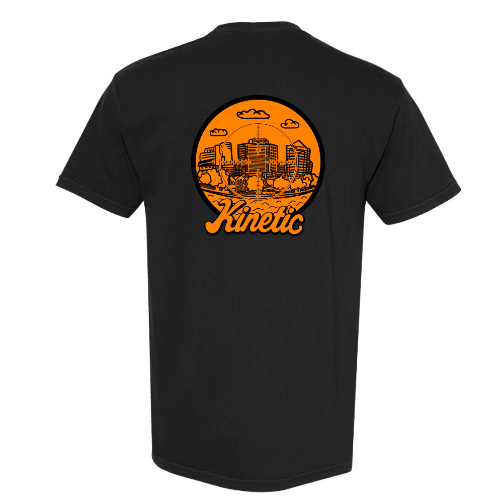 kinetic spot hunter black t-shirt with orange graphic and 'Kinetic'