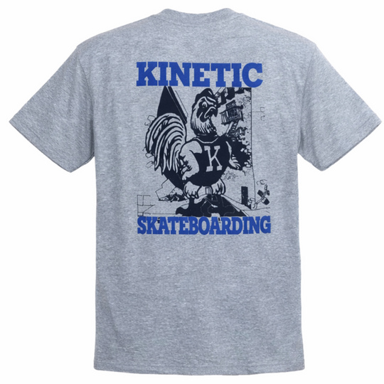 Gray t-shirt with 'Kinetic Skateboarding' start today graphic on the back