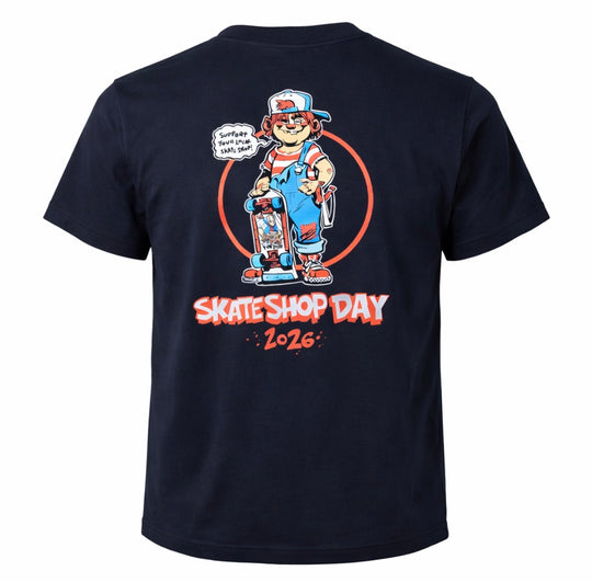 Black t-shirt with a cartoon character and 'Skate Shop Day 2026' 