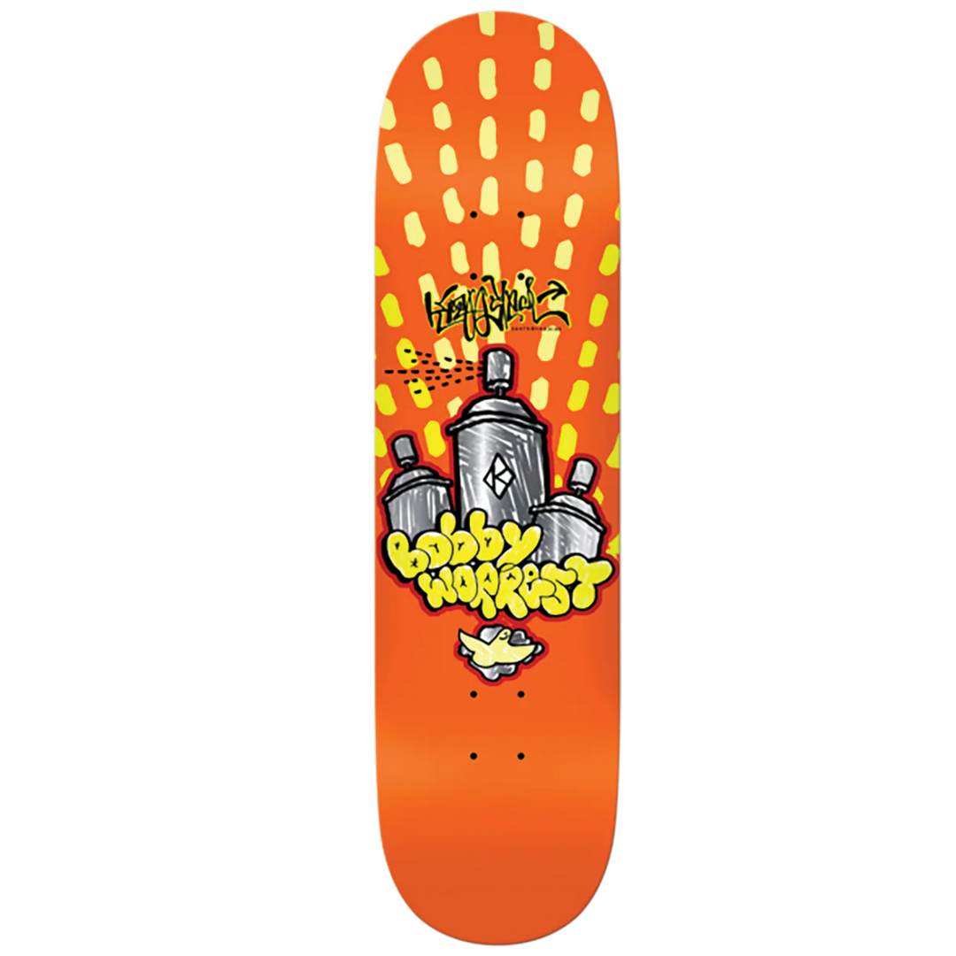 Skateboard deck with colorful design and text on an orange background