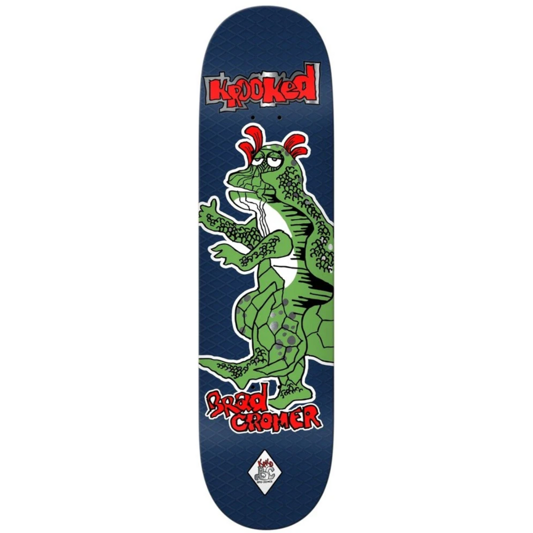 Skateboard deck with a green dragon design and 'Hooked' branding on a blue background