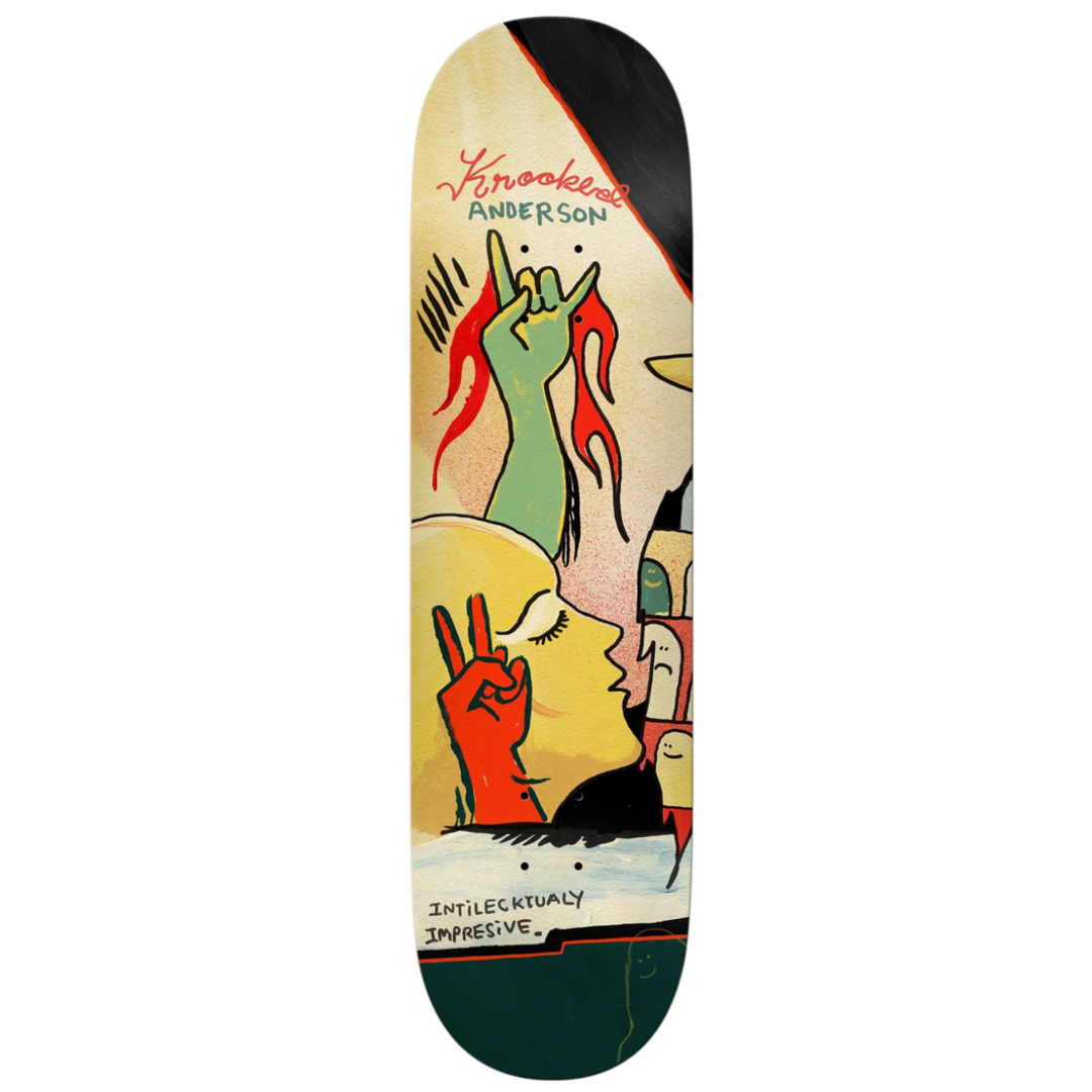 red and green logo skate deck