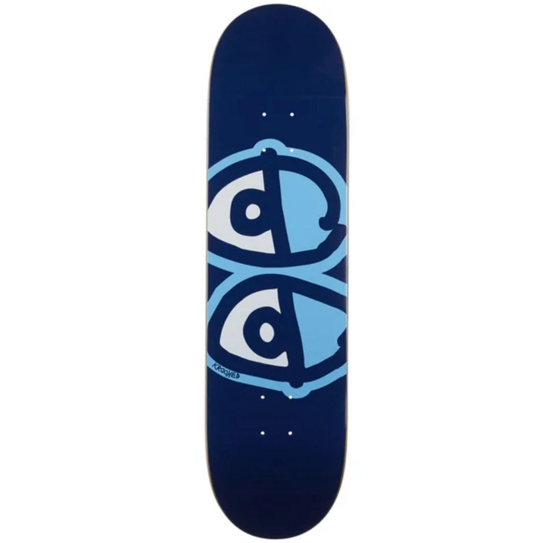 krooked Skateboard deck with a blue and white logo