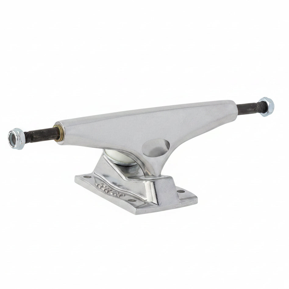 Skateboard truck with silver metal and black rubber components on a white background