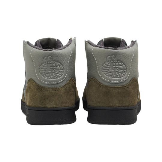 Pair of green and gray boots with brand logo on a white background