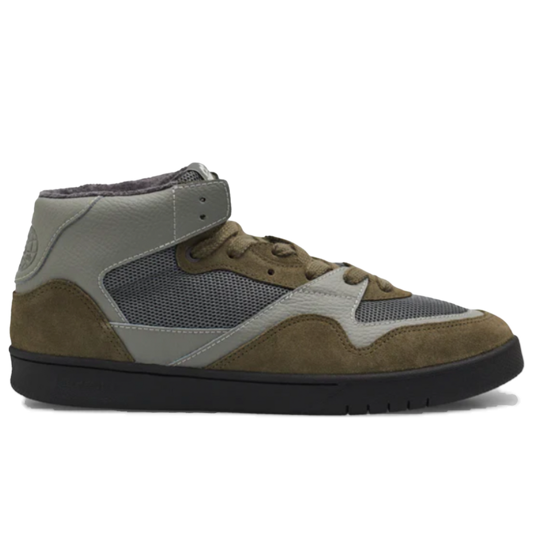 Brown and gray sneaker with a black sole on a white background