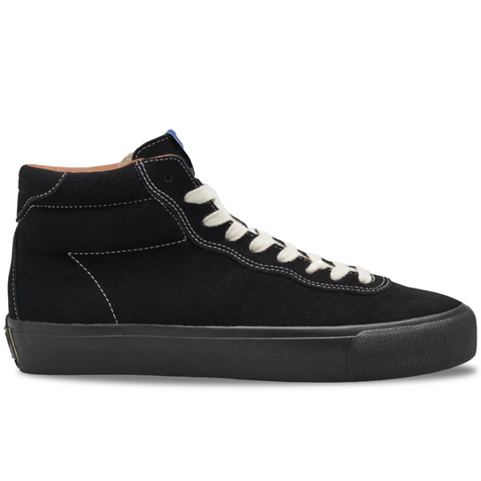 Black high-top sneaker with white laces on a white background