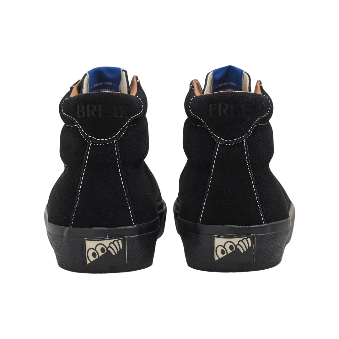 Black high-top sneakers with visible branding on a white background