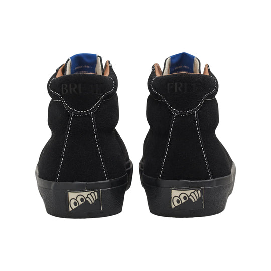 Black high-top sneakers with visible branding on a white background