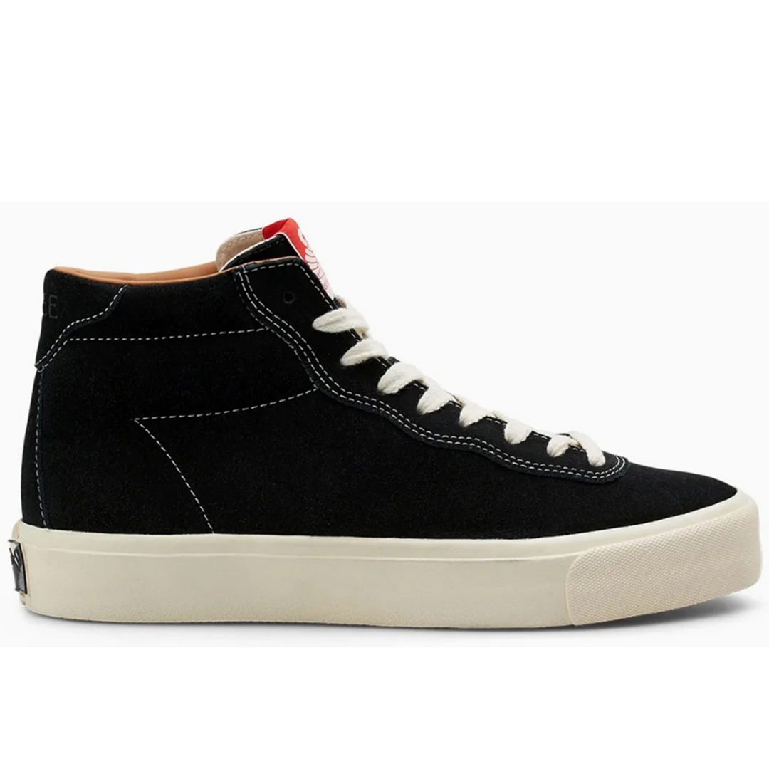 A black suede high-top sneaker with white laces, white contrast stitching, and a thick cream-colored rubber sole, shown from a side profile on a white background.