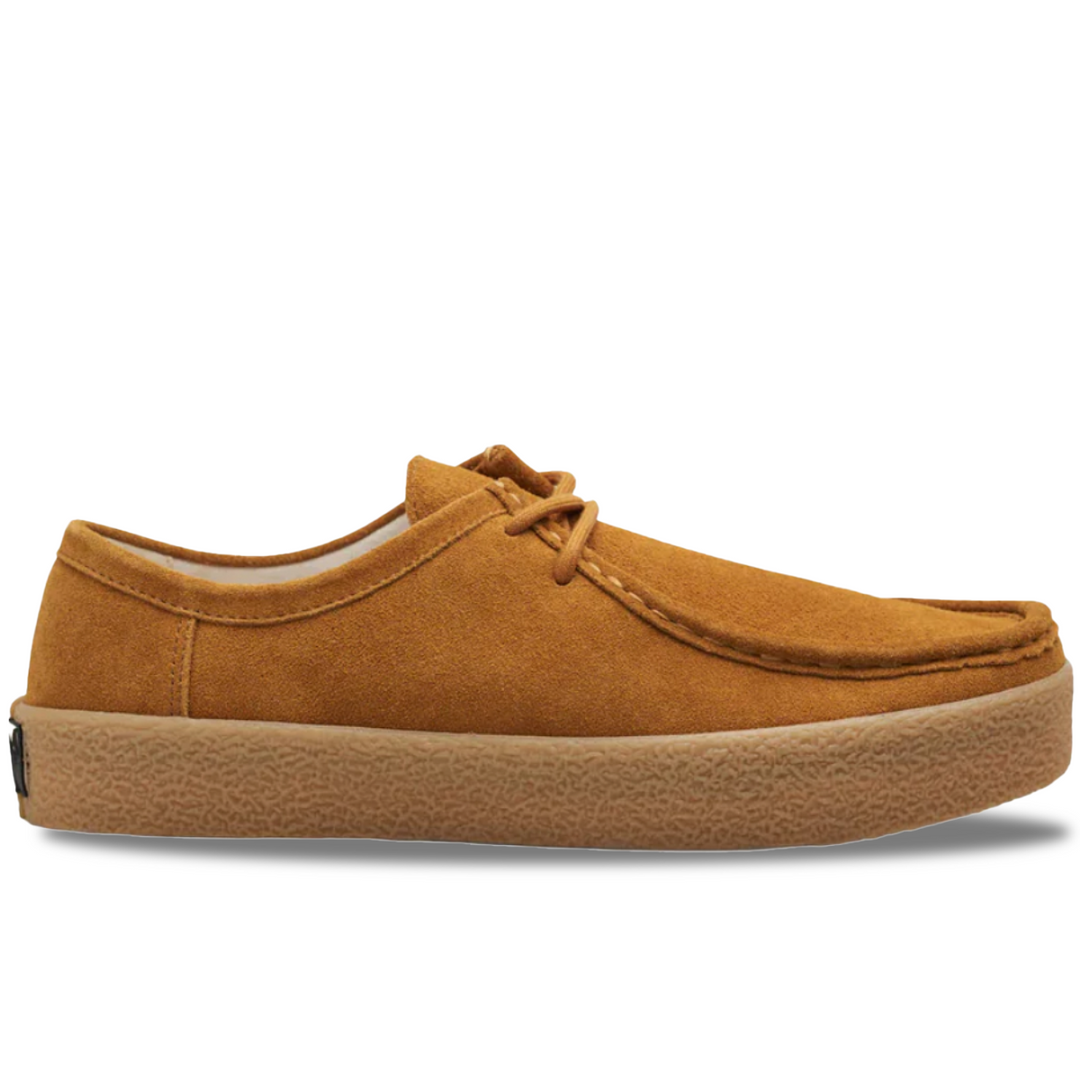 Brown suede shoe on a white background