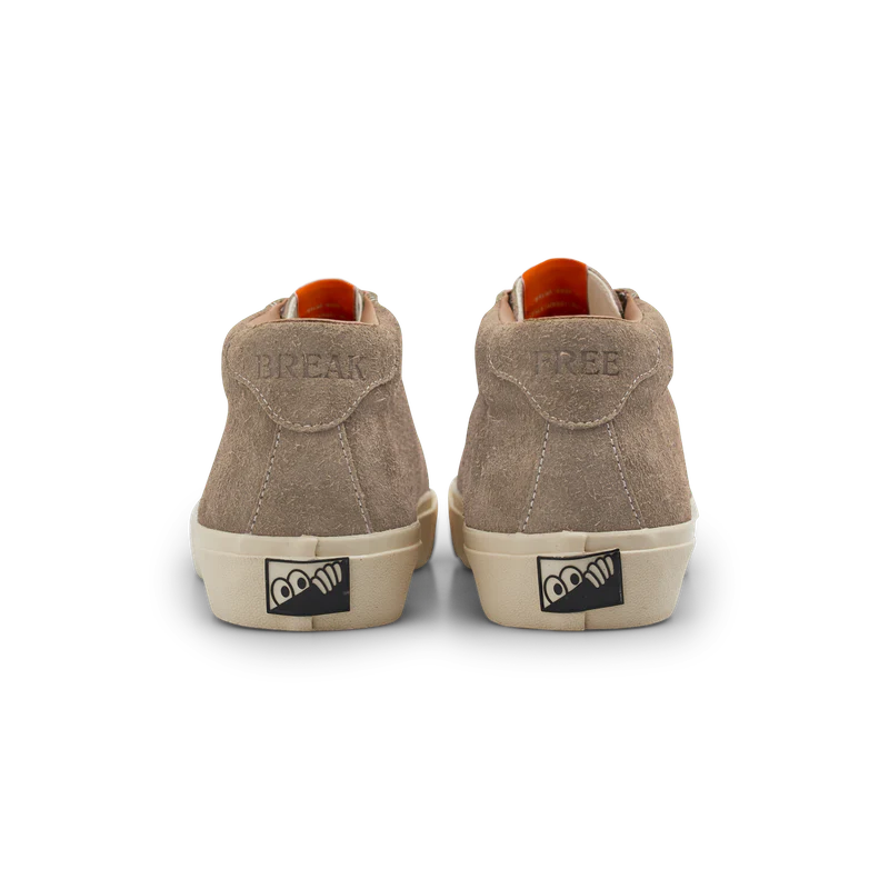 Pair of beige high-top sneakers with brand logo on a white background